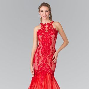 NEW LONG OFF THE SHOULDER SLEEVELESS MERMAID TULLE DRESS WITH SHEER BACK GL2219